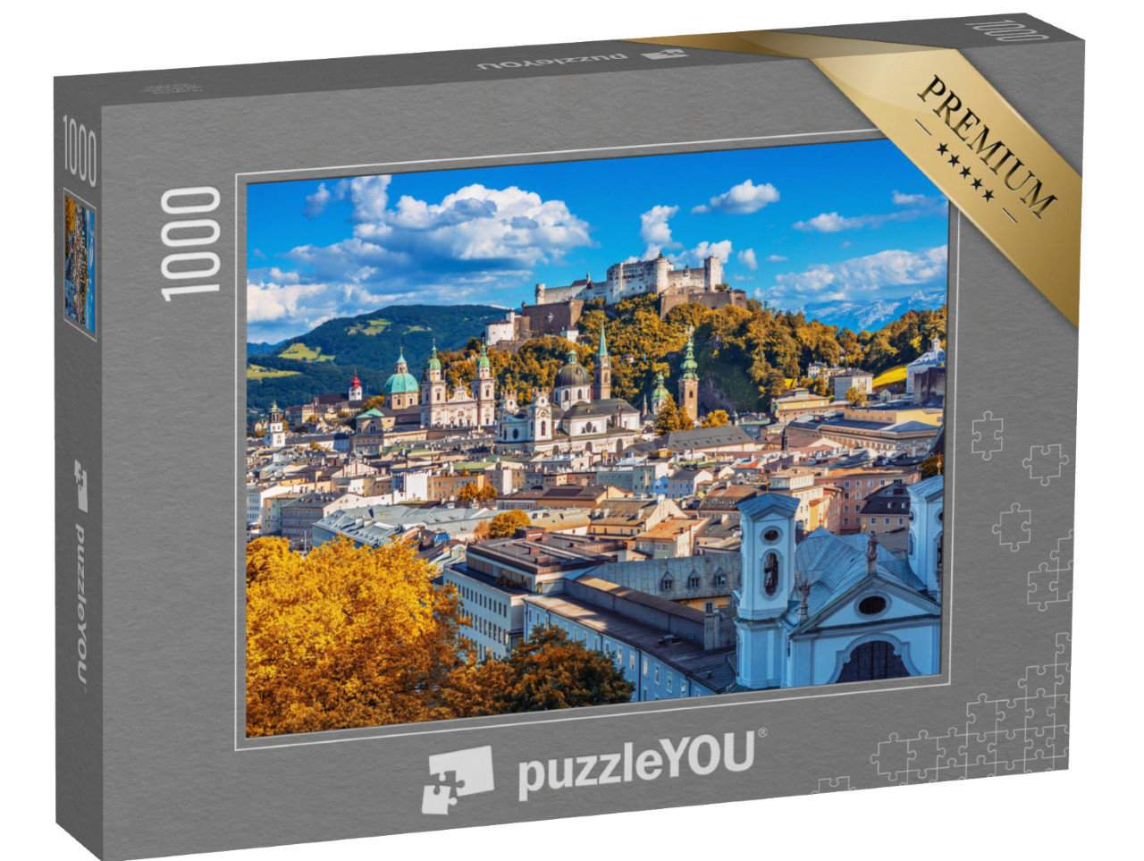 puzzle 1000 dílků „Salcburské panorama s pevností Hohensalzburg na podzim, Rakousko“