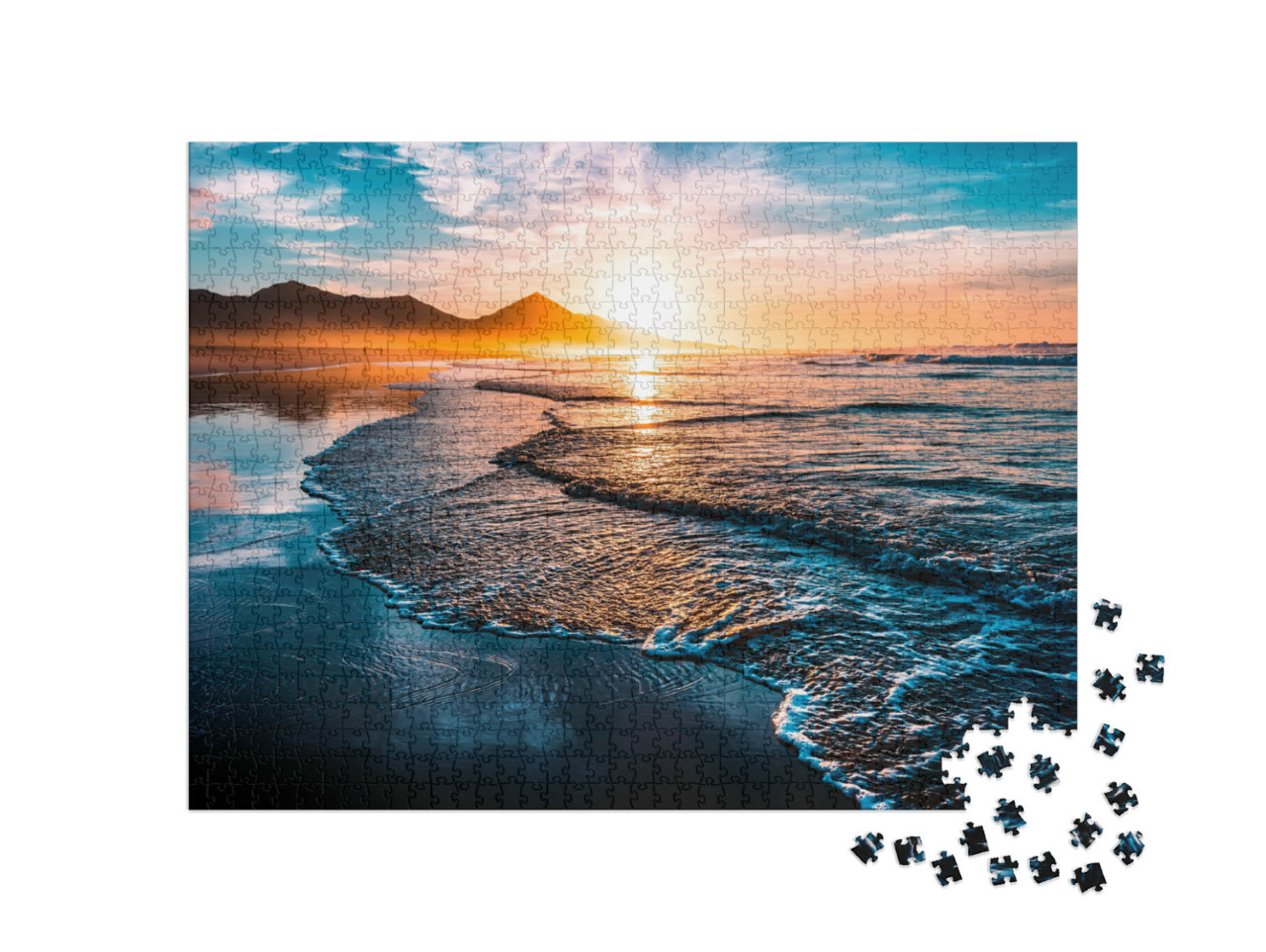 puzzle 1000 dílků „Západ slunce nad mírnými vlnami na pláži“