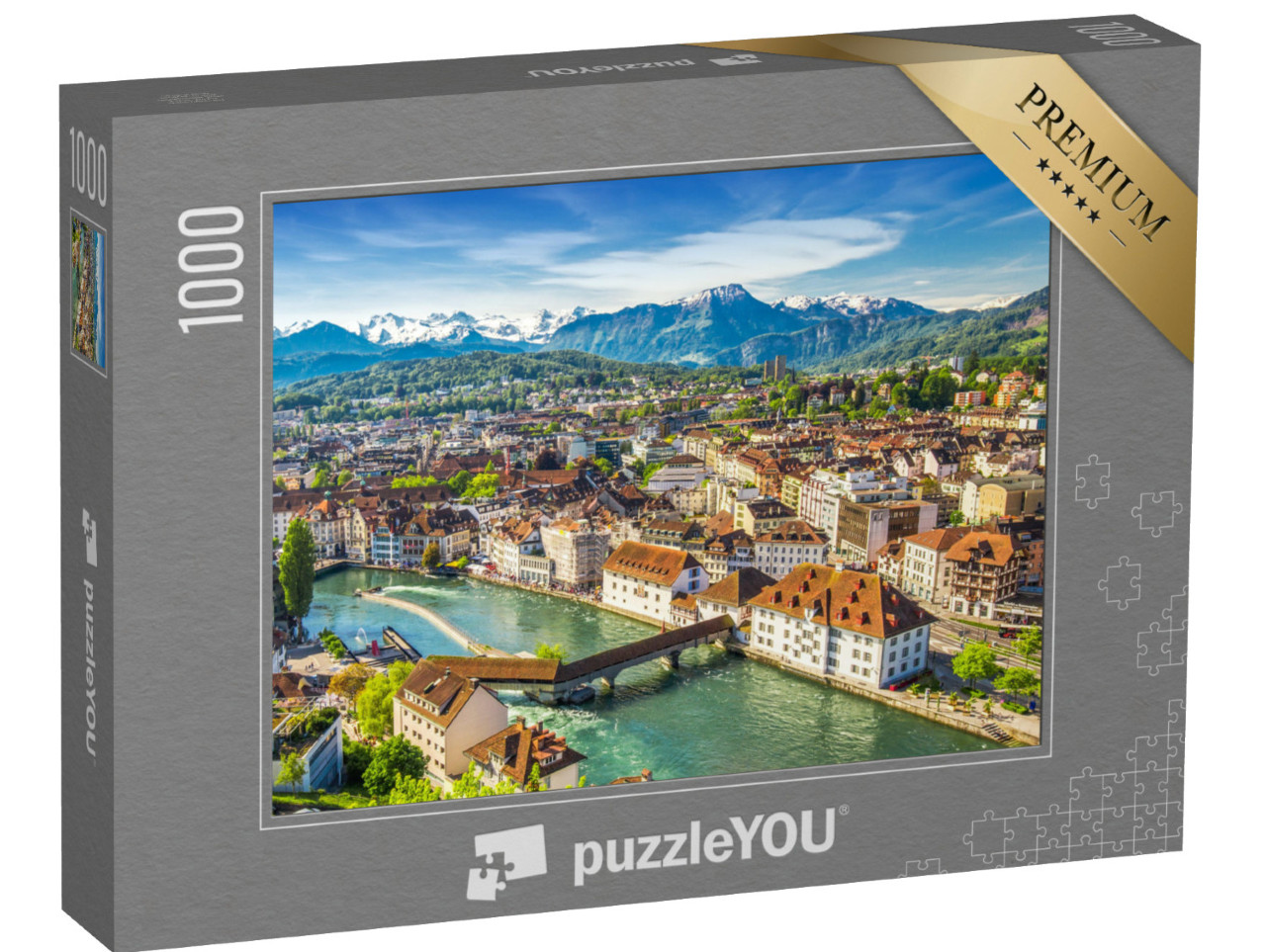 puzzle 1000 dílků „Pohled na horu Pilatus a historické centrum Lucernu, Švýcarsko“