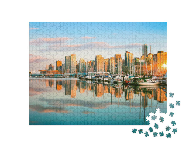 puzzle 1000 dílků „Panorama Vancouveru s přístavem při západu slunce“