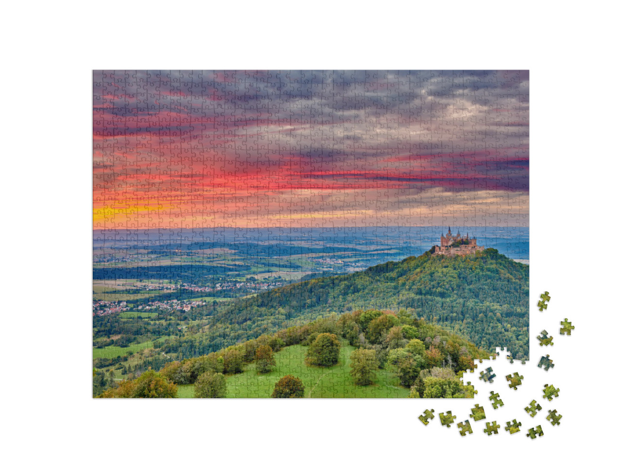 puzzle 1000 dílků „Zámek Hohenzollern: Vrchol hory při západu slunce“