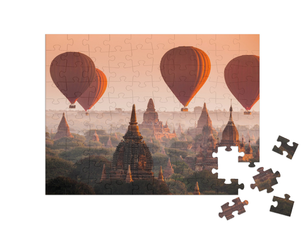 puzzle 100 dílků „Horkovzdušný balón nad Baganskou planinou za mlhavého rána, Myanmar“