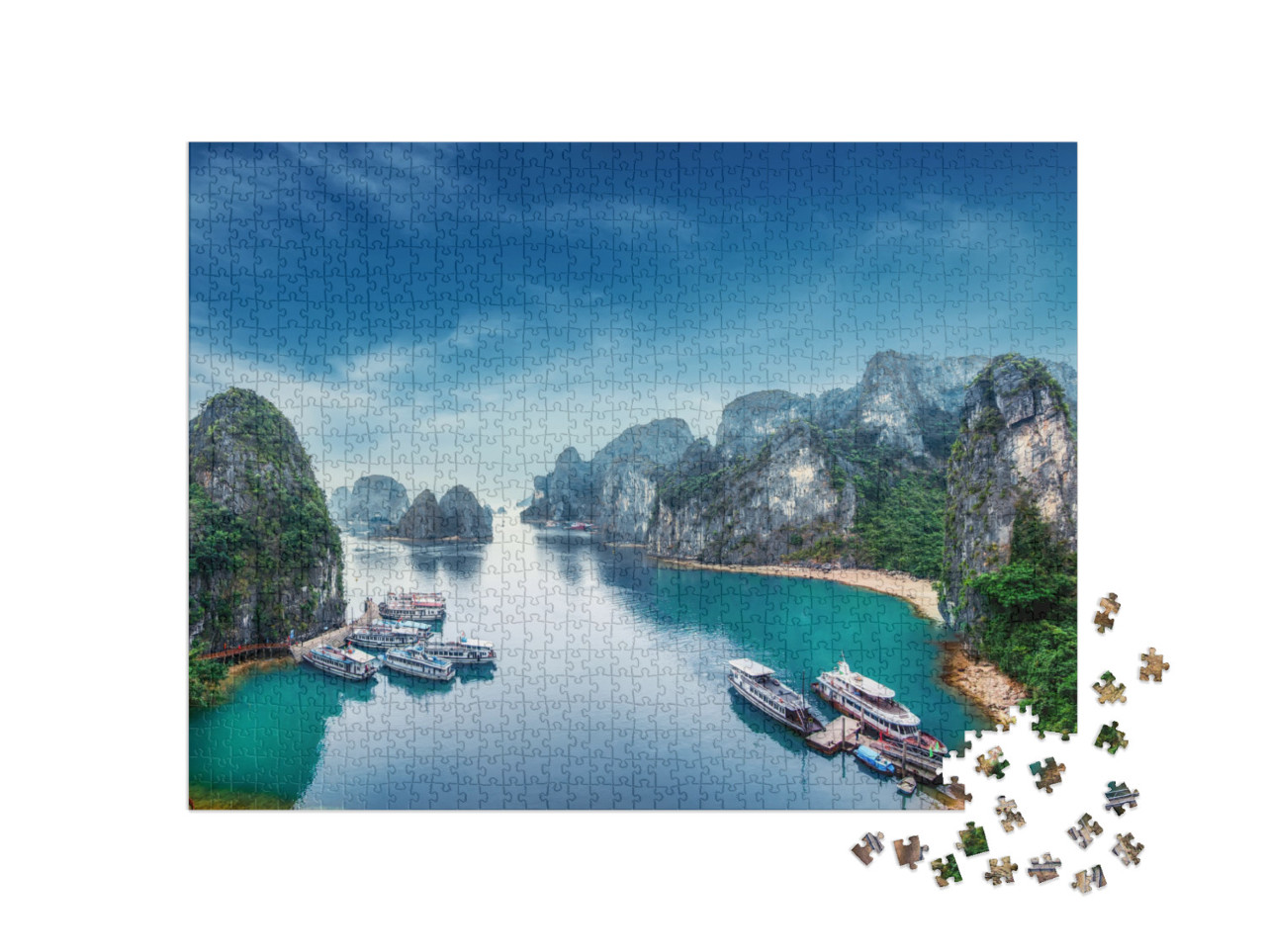 puzzle 1000 dílků „Turistické džunky plující mezi vápencovými skalami v zátoce Ha Long, Vietnam“