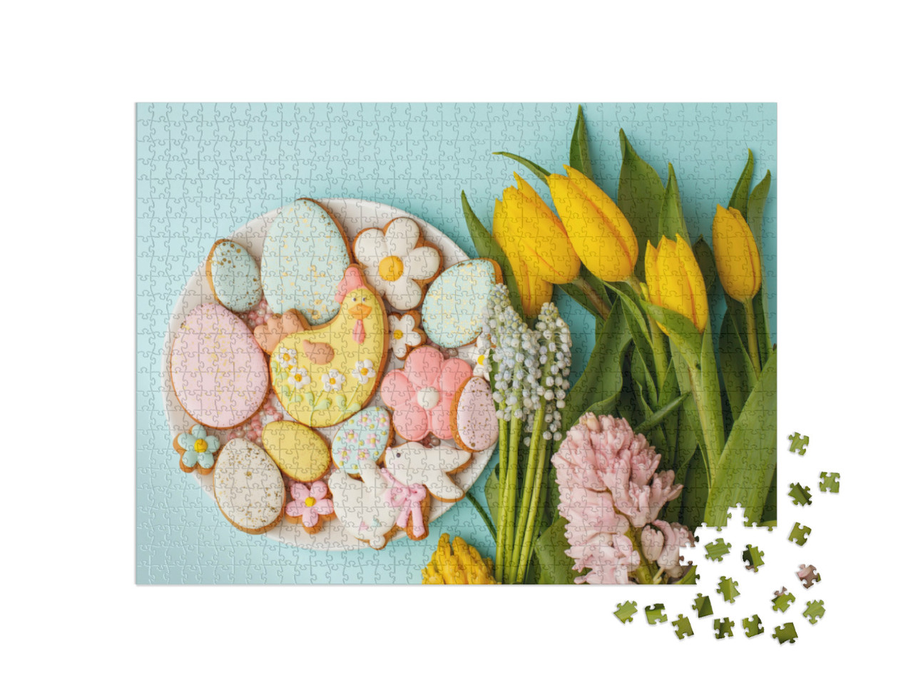 puzzle 1000 dílků „Lahodné velikonoční vaječné sušenky se žlutou slepicí a žlutými tulipány“