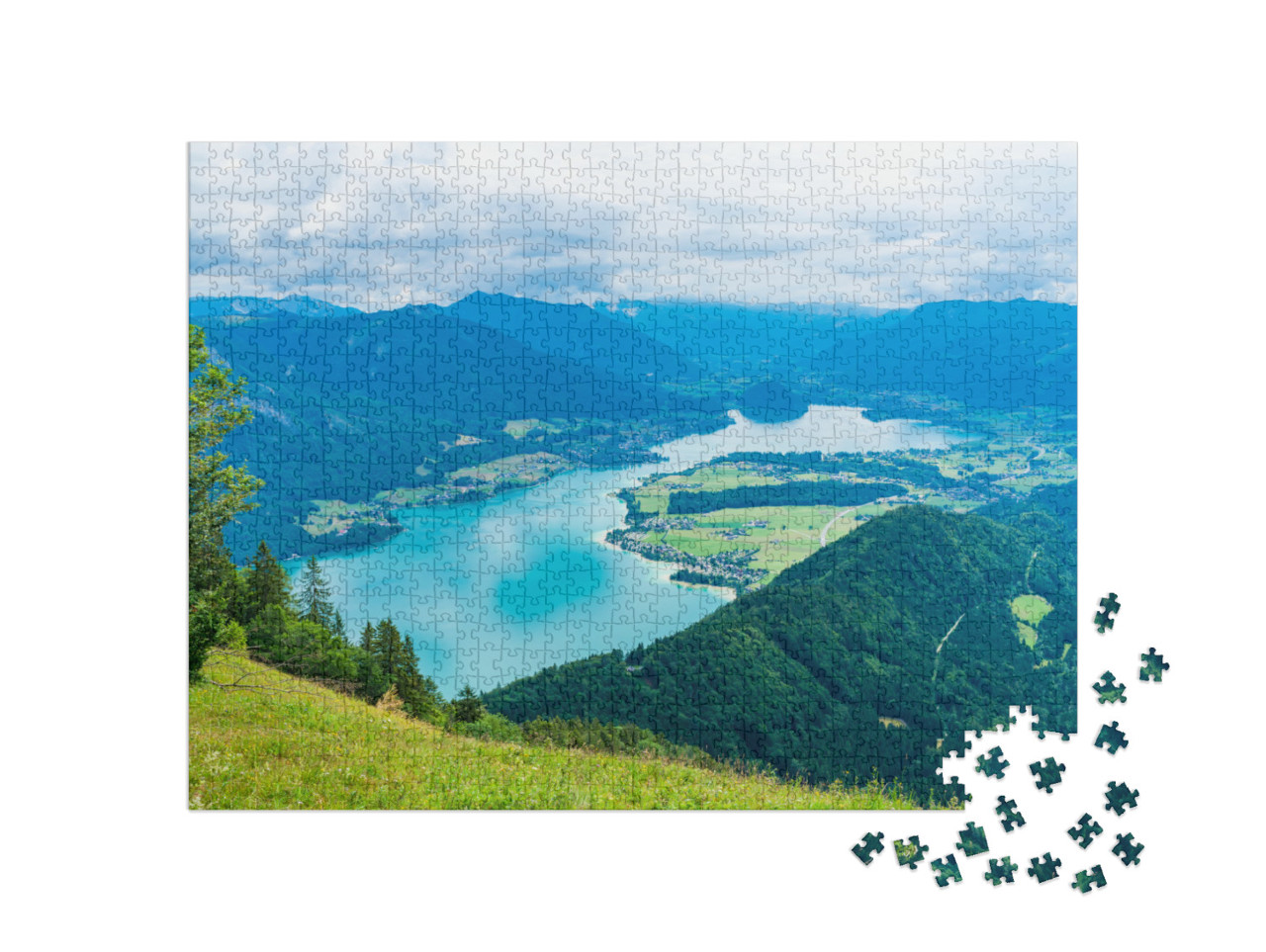 puzzle 1000 dílků „Wolfgangsee se Zwölferhornem, Solná komora, Rakousko“