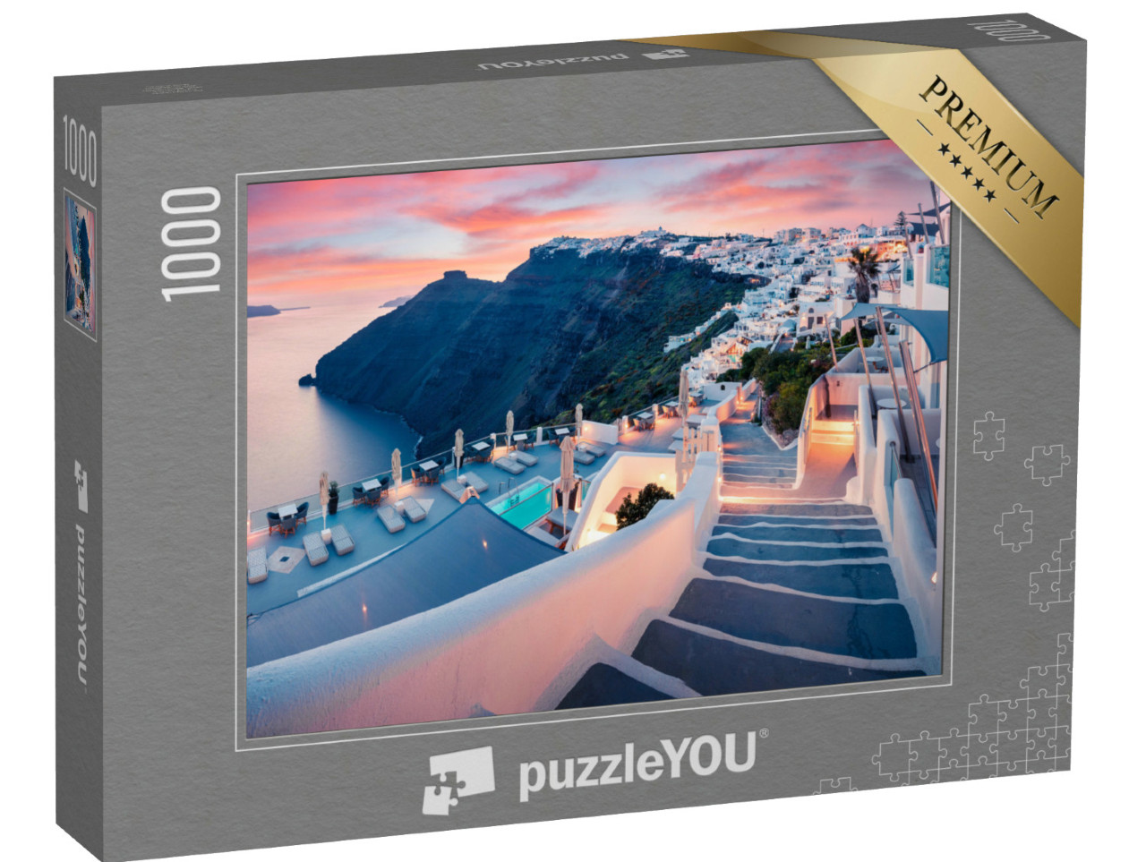 puzzle 1000 dílků „Večerní pohled na ostrov Santorini, jaro v Řecku“