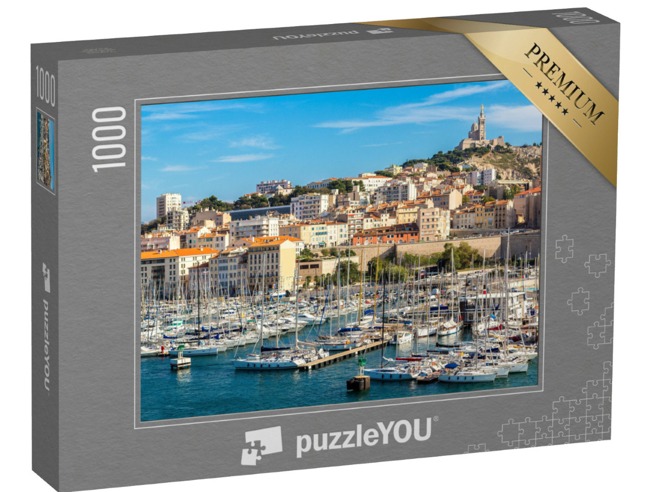 puzzle 1000 dílků „Bazilika Notre Dame de la Garde a starý přístav v Marseille, Francie“