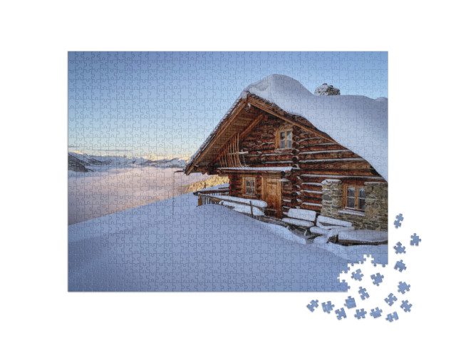 puzzle 1000 dílků „Horská chata v lyžařské oblasti Saalbach Hinterglemm v rakouských Alpách“