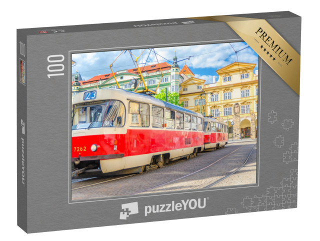 puzzle 100 dílků „Retro tramvaj na kolejích v ulicích Prahy“