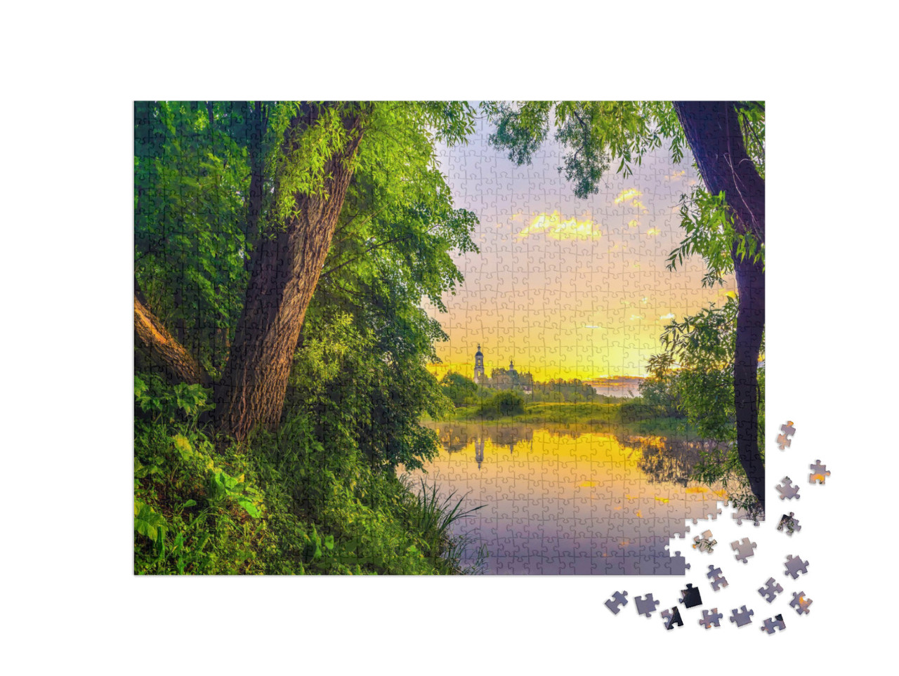 puzzle 1000 dílků „Východ slunce nad ostrůvkem v jezeře“