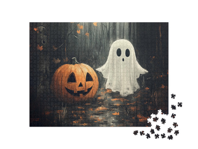 puzzle 1000 dílků „Dva přátelé na Halloween, dýně a duch“