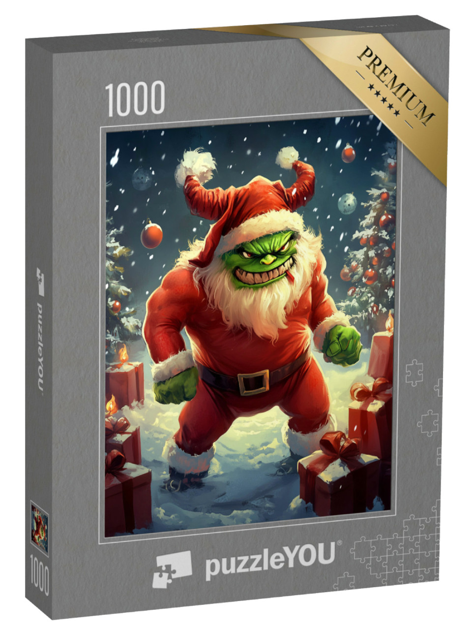 puzzle 1000 dílků „Zelená vánoční příšera jako Santa Claus“