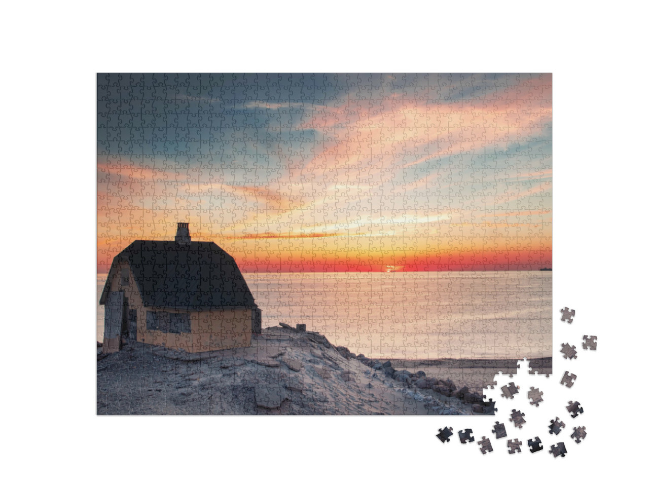 puzzle 1000 dílků „Západ slunce v Severním Jutsku, žlutý dům s výhledem na moře, Dánsko“