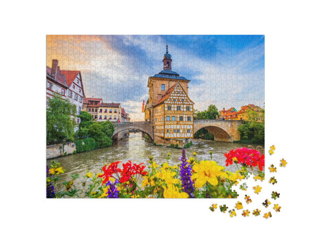 puzzle 1000 dílků „Stará radnice v Bambergu se dvěma mosty přes řeku Regnitz, Bavorsko“