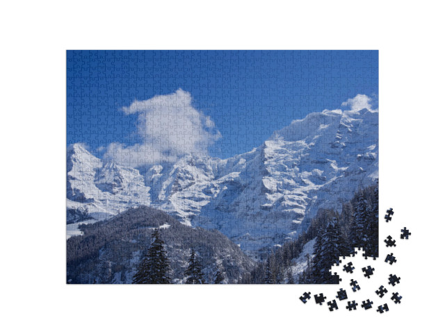 puzzle 1000 dílků „Panorama Bernských Alp s vrcholy Eiger, Mönch a Jungfrau, Švýcarsko“