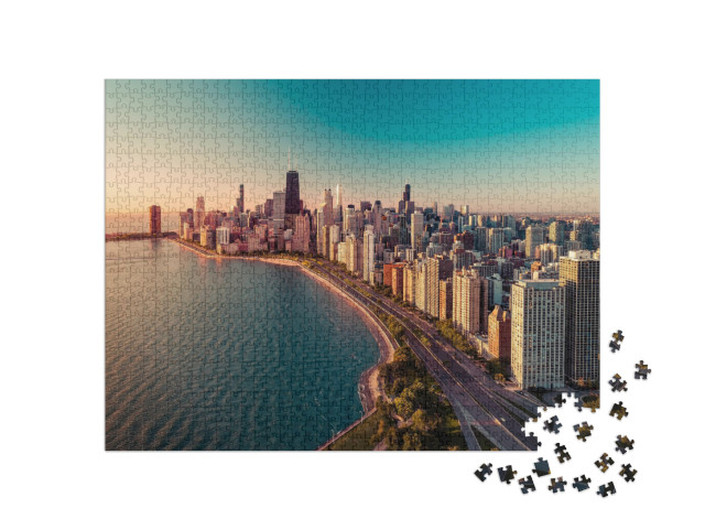 puzzle 1000 dílků „Panorama Chicaga s východem slunce a Michiganským jezerem“