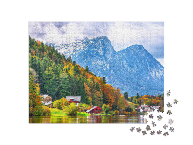 puzzle 1000 dílků „Idylická podzimní scéna u jezera Grundlsee, Štýrsko, Rakousko“