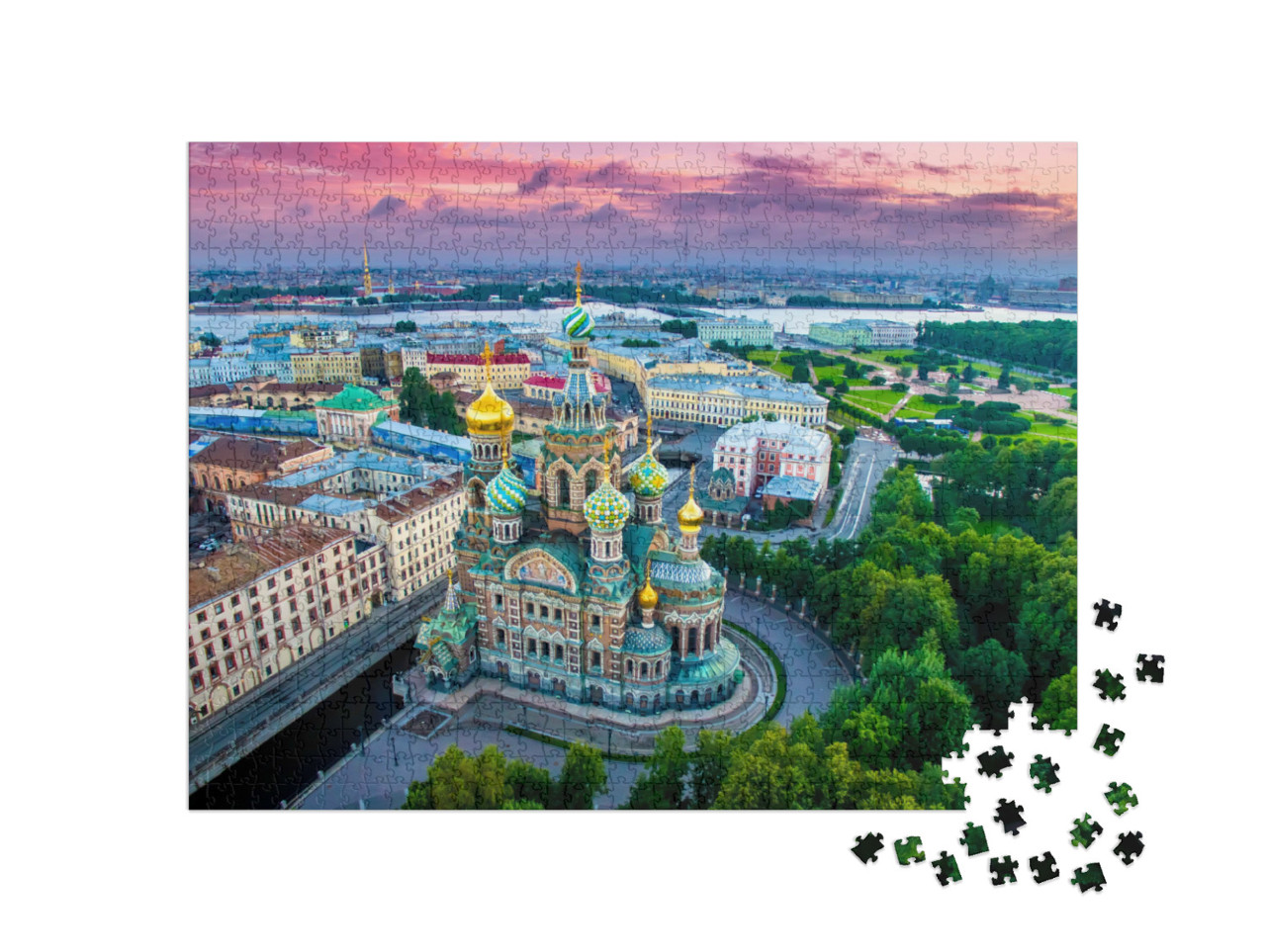 puzzle 1000 dílků „Panorama Petrohradu při západu slunce, Rusko“
