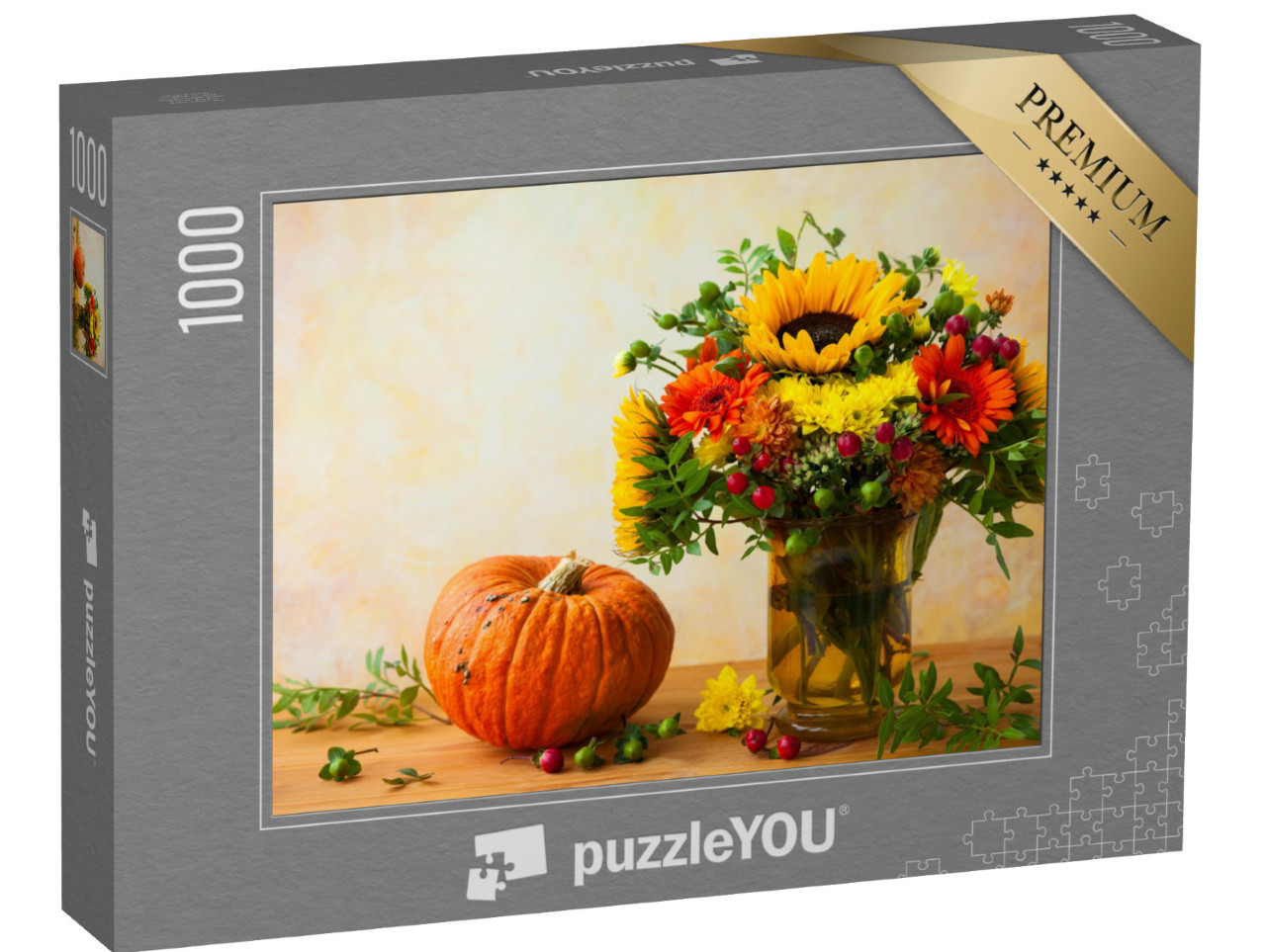 puzzle 1000 dílků „Podzimní zátiší s květinami a dýní“