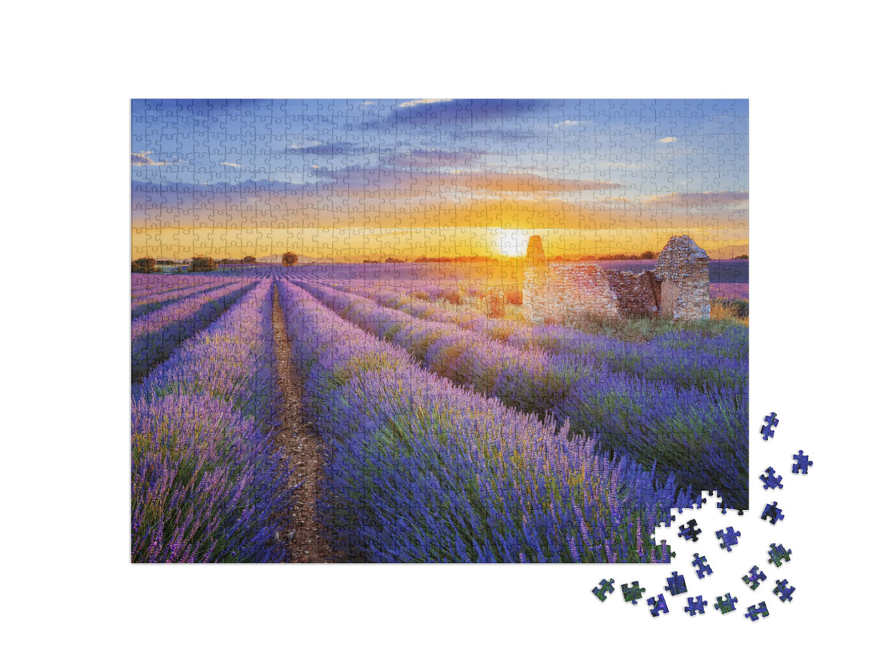 puzzle 1000 dílků „Fialový sen: západ slunce nad levandulovým polem ve Valensole, Provence“