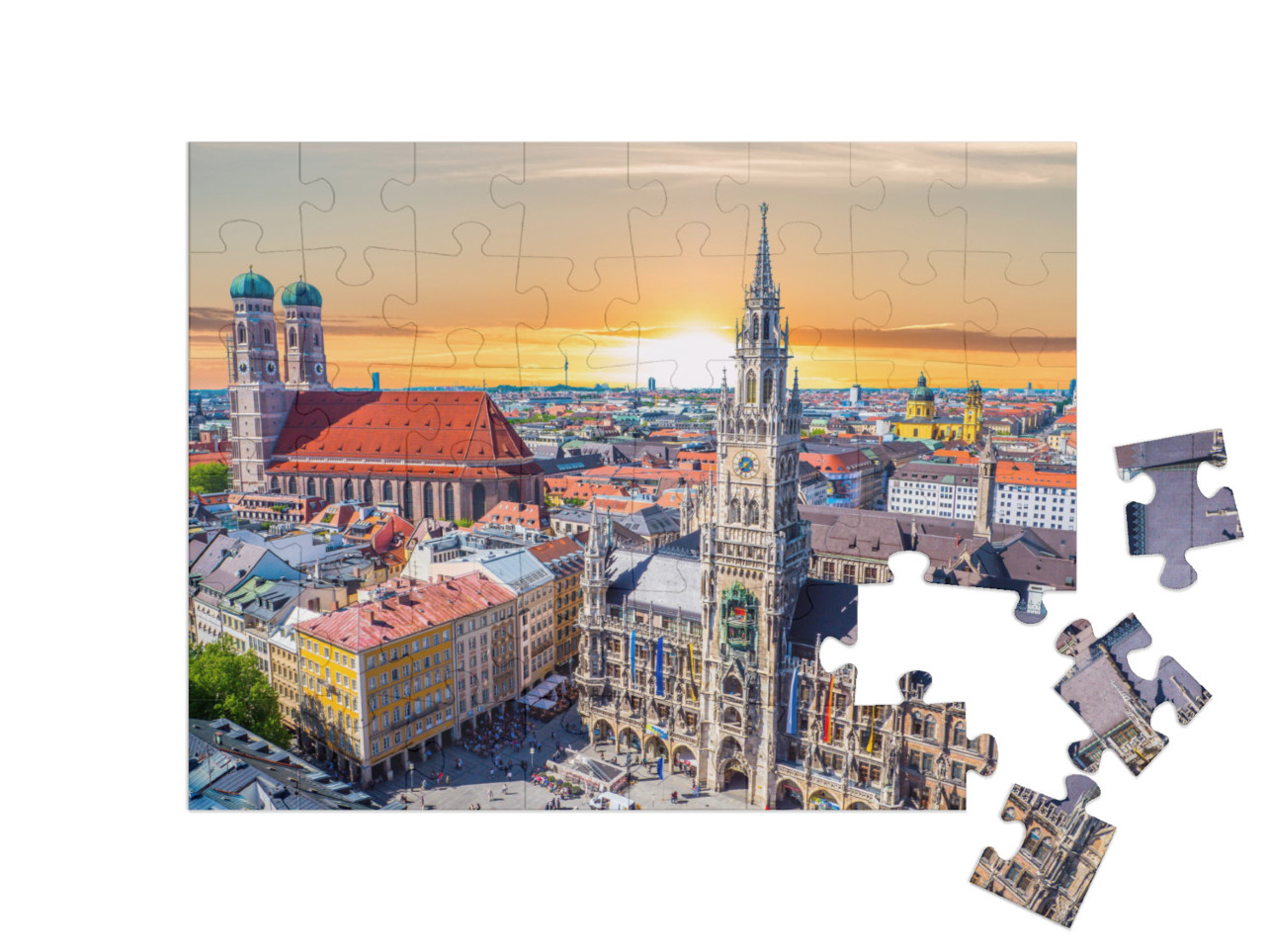 puzzle 48 dílků „Prostě krása: Mnichov při západu slunce, Bavorsko, Německo“