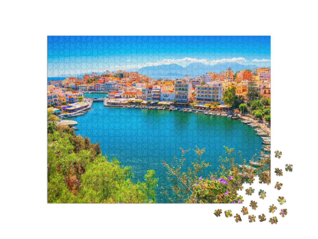 puzzle 1000 dílků „Agios Nikolaos a jezero Voulismeni na ostrově Kréta, Řecko“
