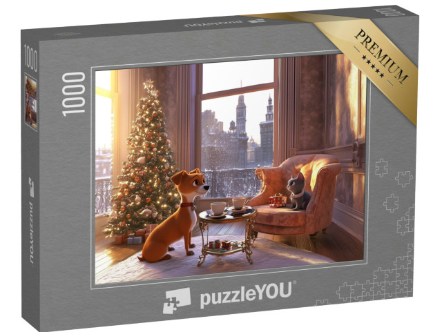 puzzle 1000 dílků „New York: Pes a kočka si užívají vánoční ráno“