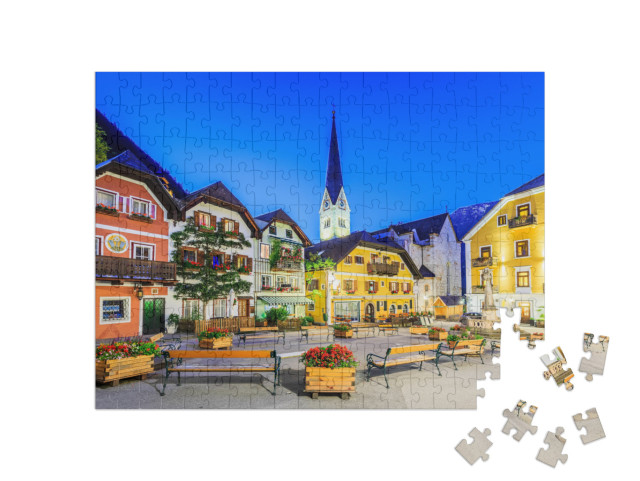 puzzle 200 dílků „Hallstatt, Rakousko, horská vesnice v rakouských Alpách za soumraku“