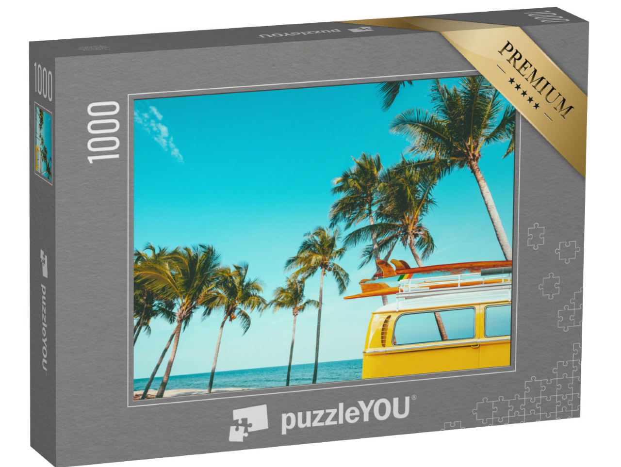 puzzle 1000 dílků „Historické auto se surfovacím prknem na tropické pláži“