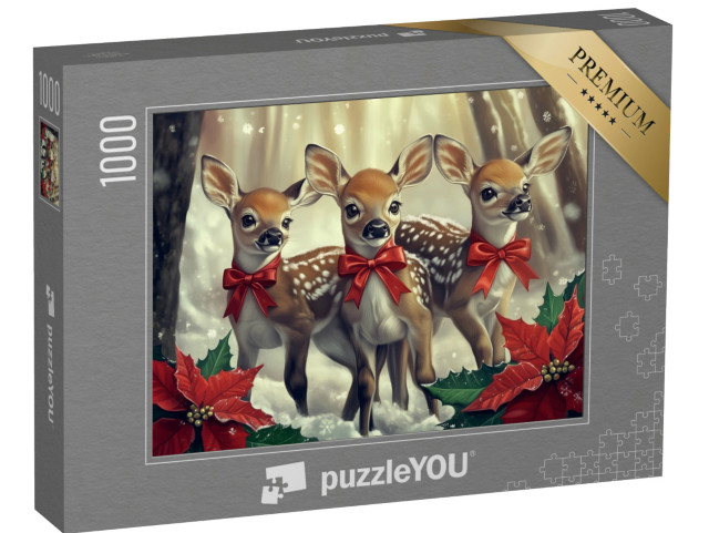 puzzle 1000 dílků „Tři srnky s červenými mašlemi ve vánočním lese“