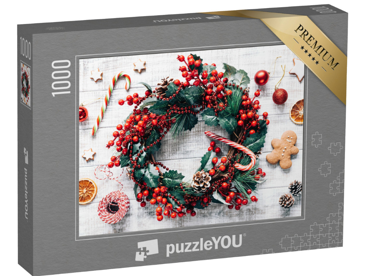 puzzle 1000 dílků „Vánoce: Zimní věnec, ozdoby na vánoční stromek a perníčky“