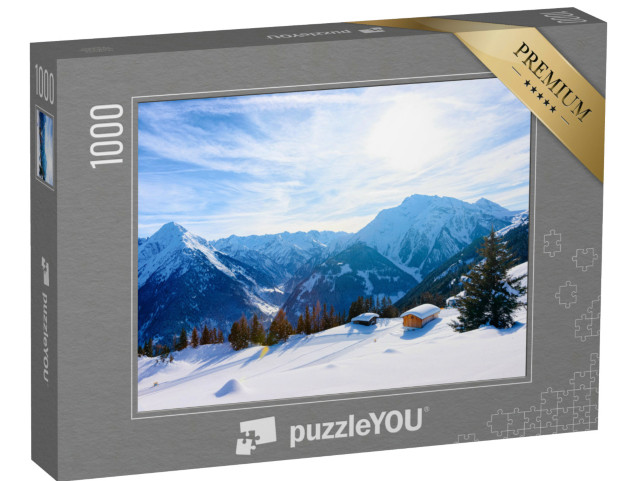 puzzle 1000 dílků „Lyžařské středisko Mayrhofen s chatami v malebném Zillertalu, Tyrolsko, Rakousko“