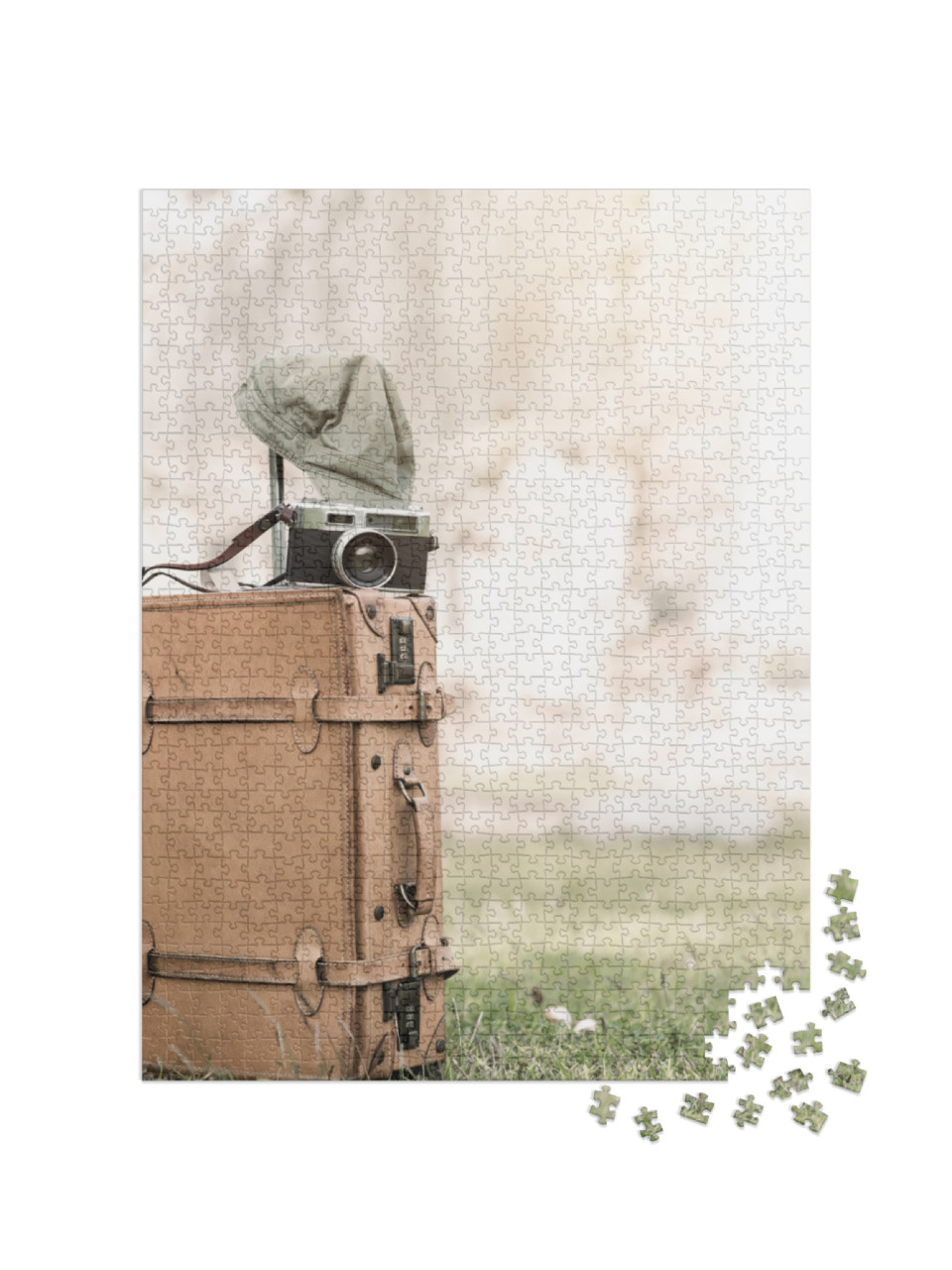 puzzle 1000 dílků „Vintage fotoaparát na starém brašně v trávě“