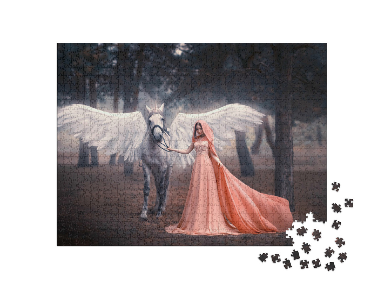 puzzle 1000 dílků „Umělecká fotografie: Mladá elfka s okřídleným jednorožcem“