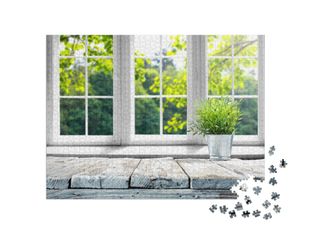 puzzle 1000 dílků „Světlé jarní okno s dřevěným parapetem“