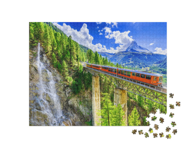 puzzle 1000 dílků „Gornergrat s vodopádem, mostem a Matterhornem, Zermatt, Valais, Švýcarsko“
