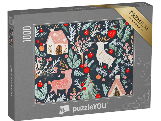 puzzle 1000 dílků „Vzor balicího papíru: sobi, domečky, keře, vánoční ozdoby“