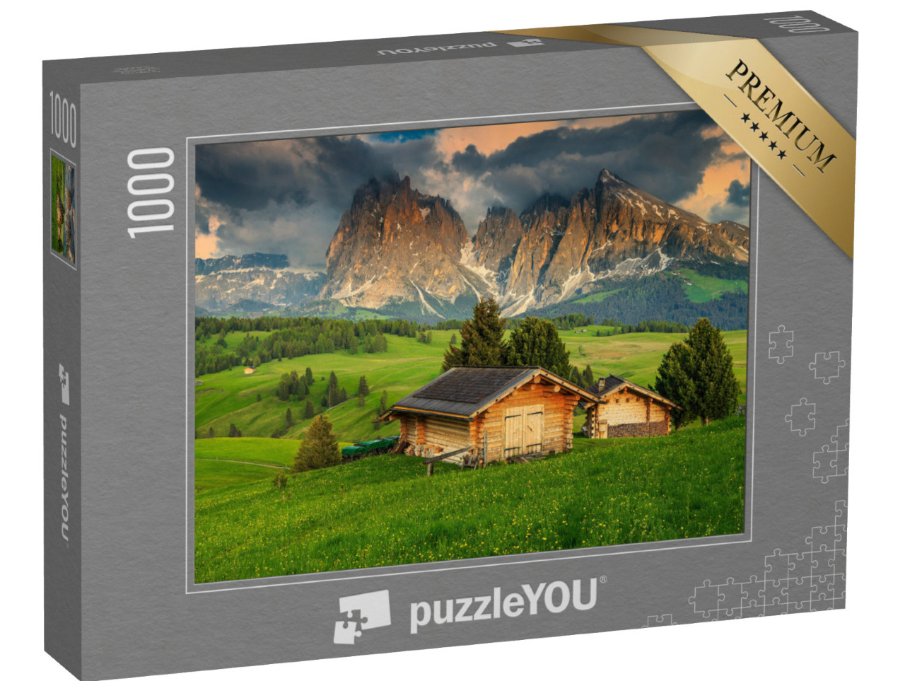 puzzle 1000 dílků „Jaro na Alpe di Siusi se skupinou Sassolungo, Dolomity, Itálie“