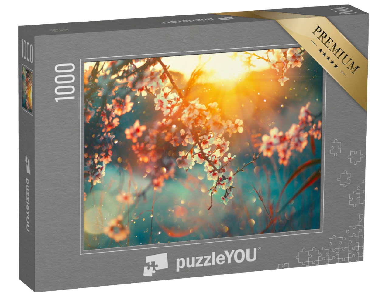 puzzle 1000 dílků „Jemně kvetoucí ovocné stromy při východu slunce“