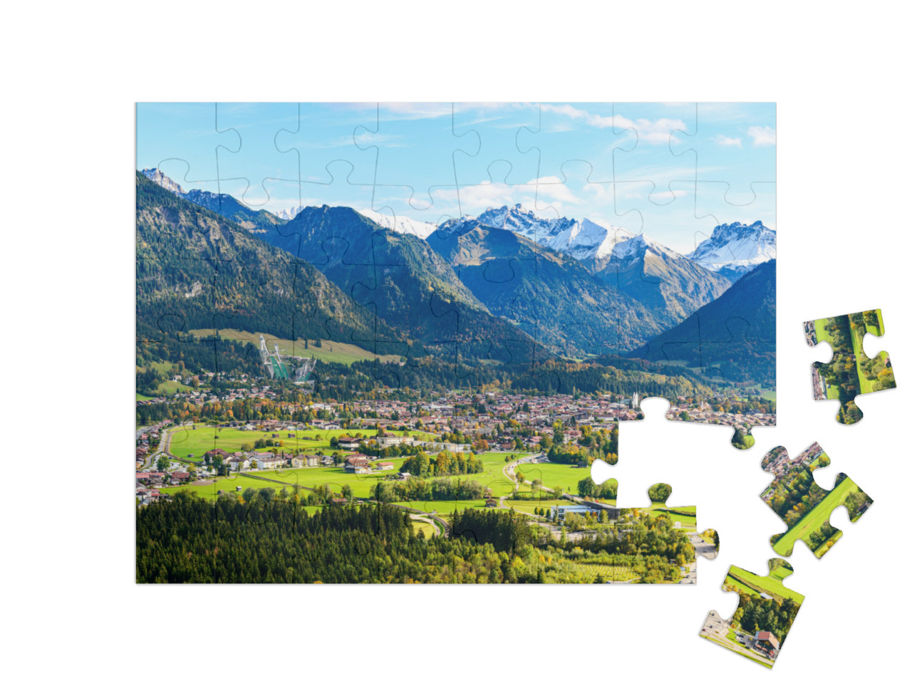 puzzle 48 dílků „Panoramatický pohled na Obersdorf v Allgäu“