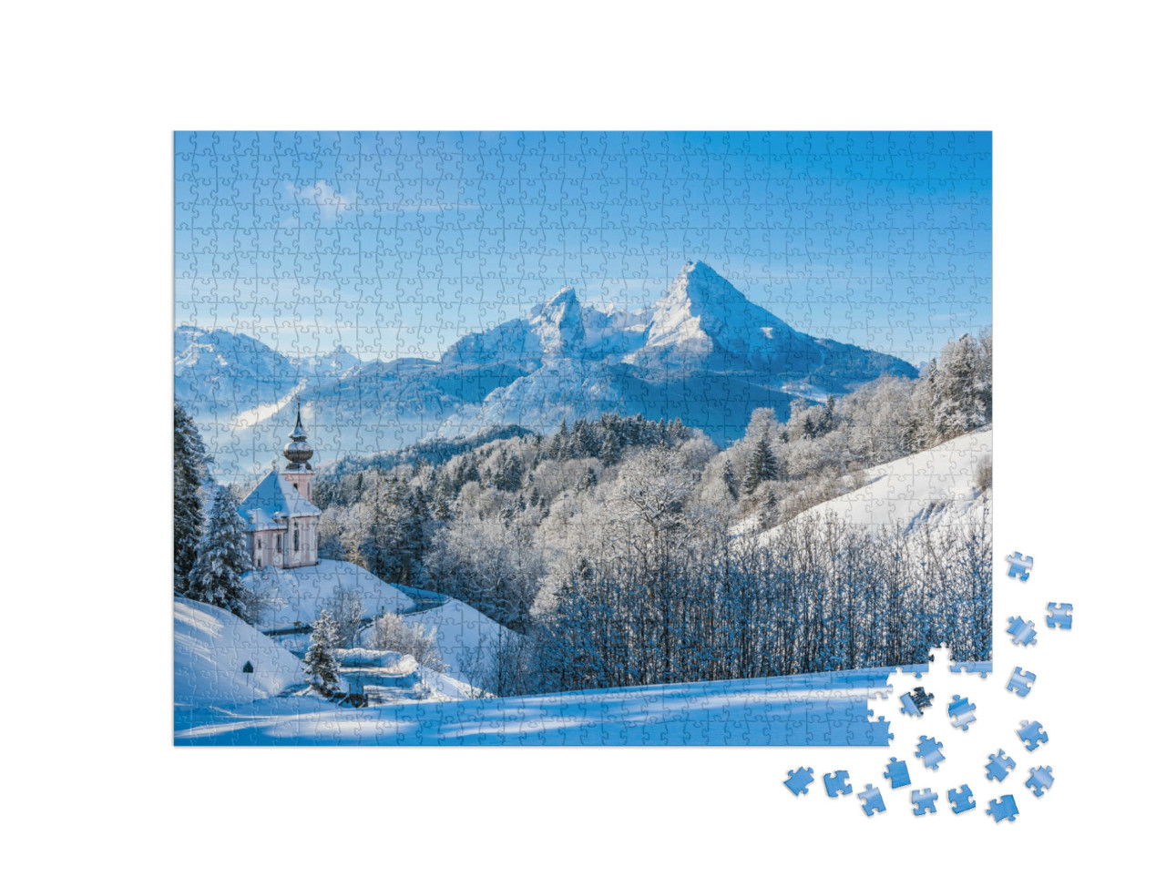puzzle 1000 dílků „Panoramatický pohled na zimní krajinu v Bavorských Alpách s poutním kostelem Maria Gern“