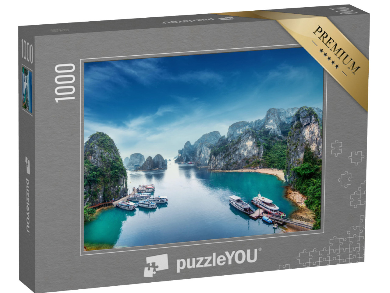 puzzle 1000 dílků „Turistické džunky plující mezi vápencovými skalami v zátoce Ha Long, Vietnam“