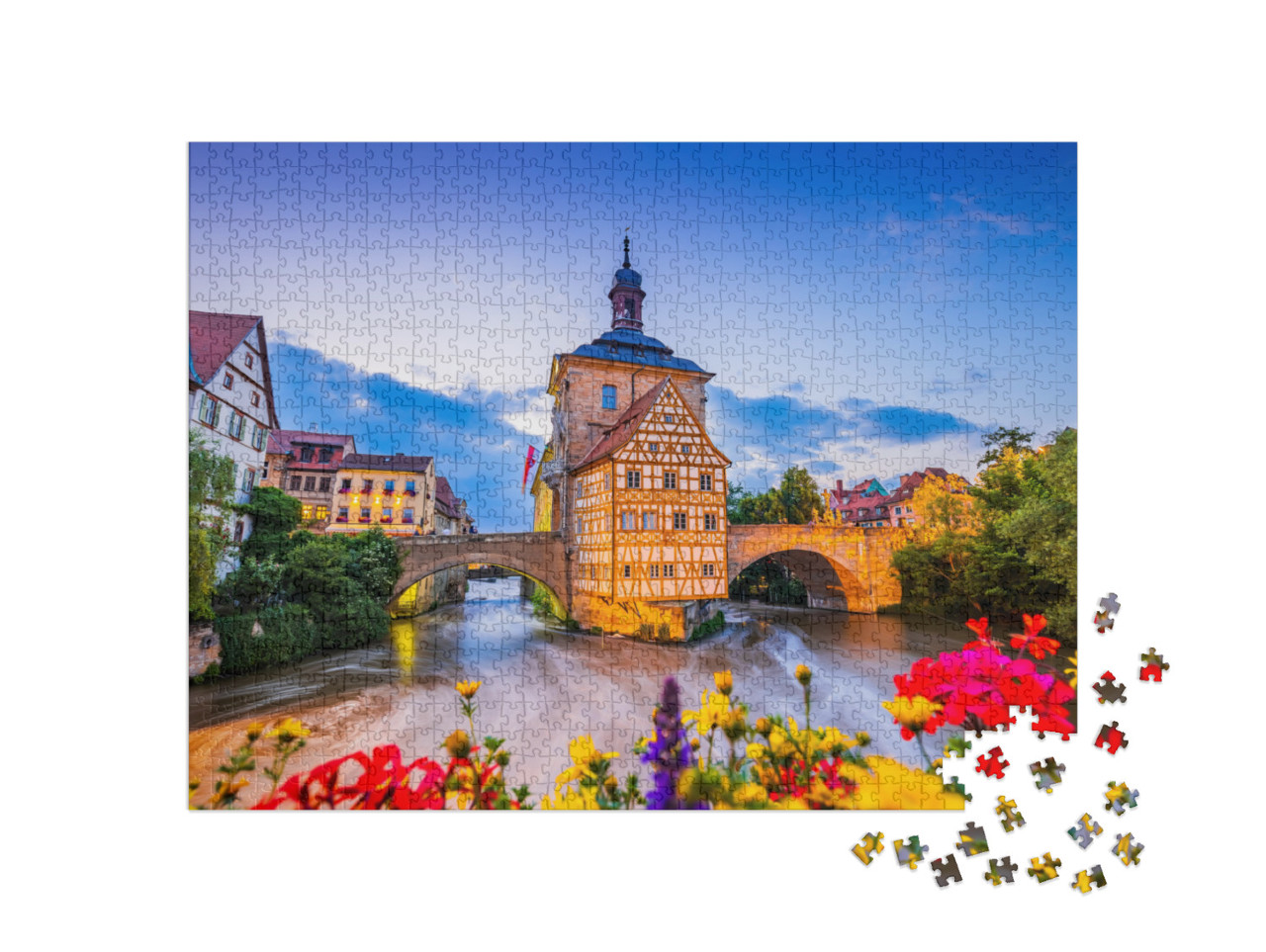 puzzle 1000 dílků „Bamberg, Německo: Stará radnice nad řekou Regnitz“