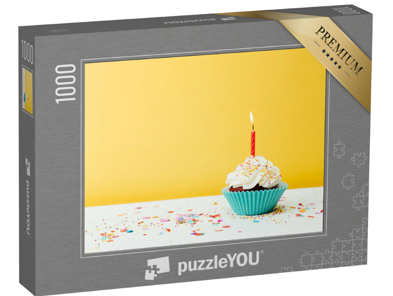 puzzle 1000 dílků „Barevný narozeninový dortík s jednou svíčkou a konfetami na...“