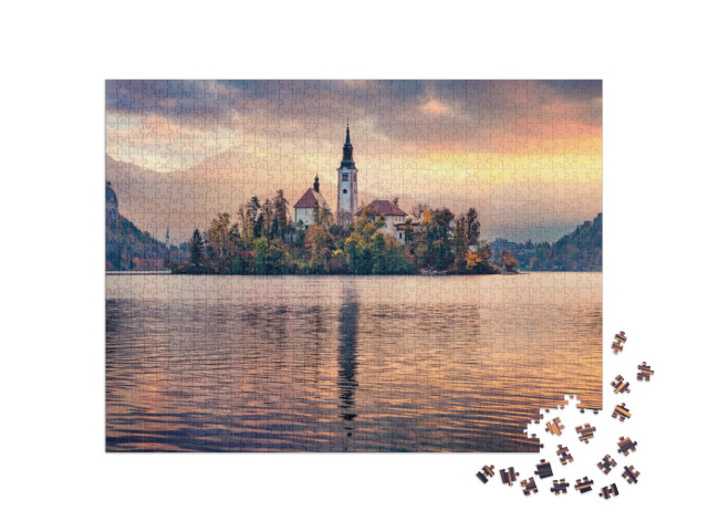 puzzle 1000 dílků „Poutní kostel u Bledského jezera, Slovinsko, Evropa“