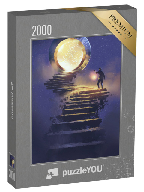 puzzle 2000 dílků „Muž s lucernou na kamenném schodišti vedoucím k fantaskní bráně“