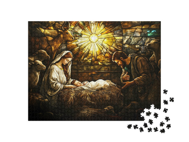 puzzle 1000 dílků „Okno kostela: vánoční výjev s Ježíškem, Marií a Josefem“