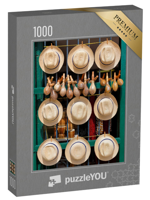 puzzle 1000 dílků „Klobouky, hudební nástroje, náhrdelníky na prodej v Havaně, Kuba“