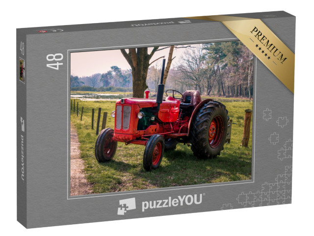 puzzle 48 dílků „Červený historický traktor v Drenthe u Havelte“