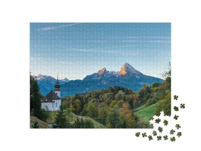 puzzle 1000 dílků „Podzimní ráno nad Maria Gern a Watzmannem, Německo“